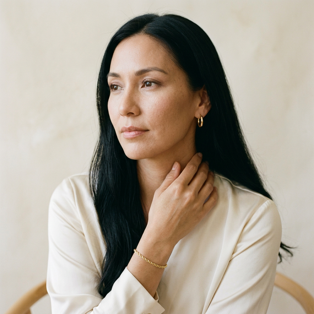 Indigenous woman with long black hair in a cream blouse, hand at her neck, wearing a thin gold rope bracelet