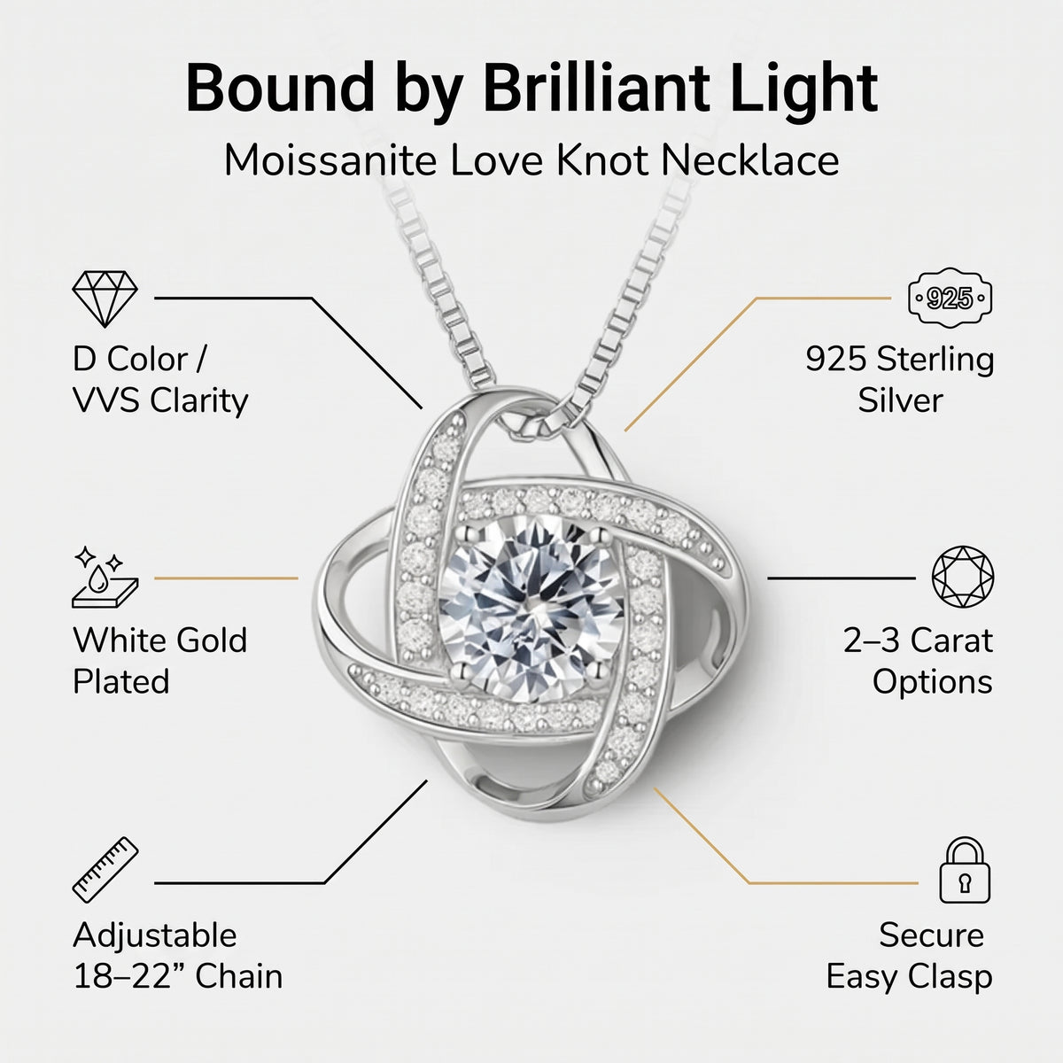 Moissanite Love Knot Necklace | Sterling Silver Pendant for Women | 2 or 3 Carat