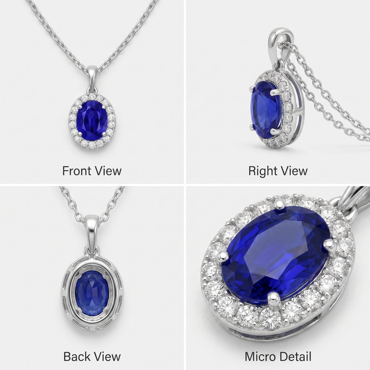 A four-panel product collage showing a silver pendant necklace with a deep blue oval gemstone surrounded by small clear stones. Panels are labeled Front View, Right View, Back View, and Micro Detail on a light gray background.