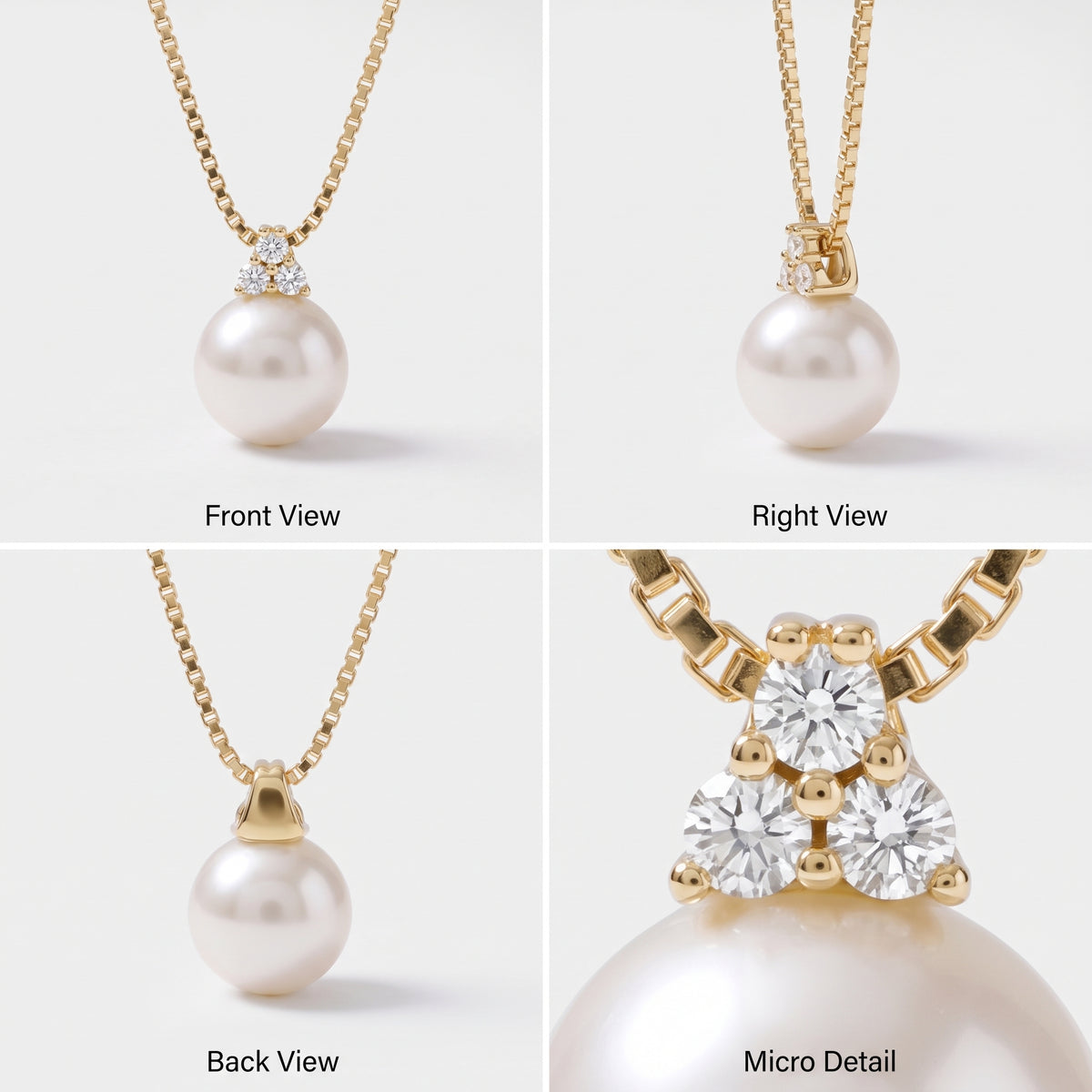 Pearl pendant front, side and back views with close-up of the three cubic zirconia accent bail