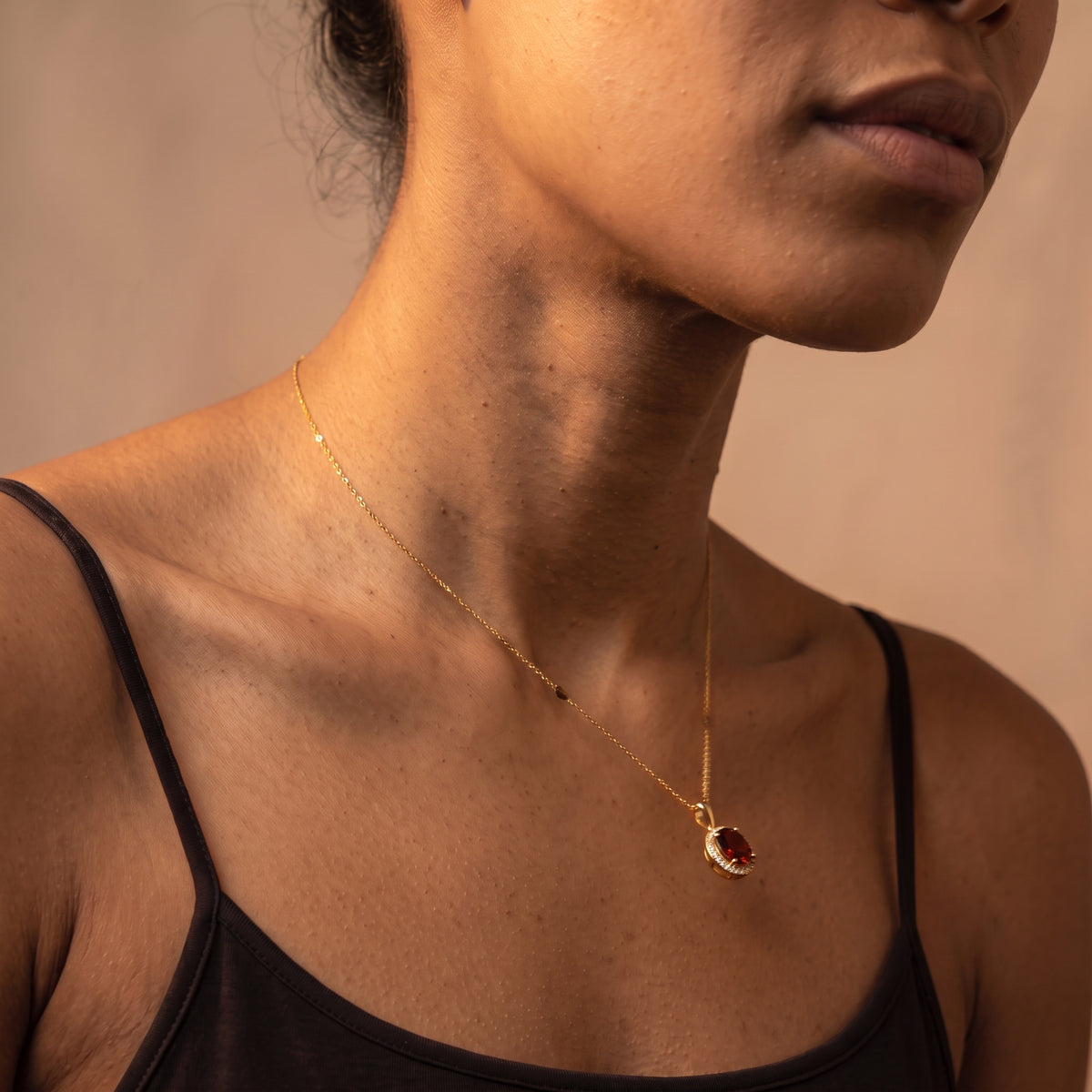 Aura Garnet Halo Pendant Necklace – January Birthstone 18K Gold Plated Silver