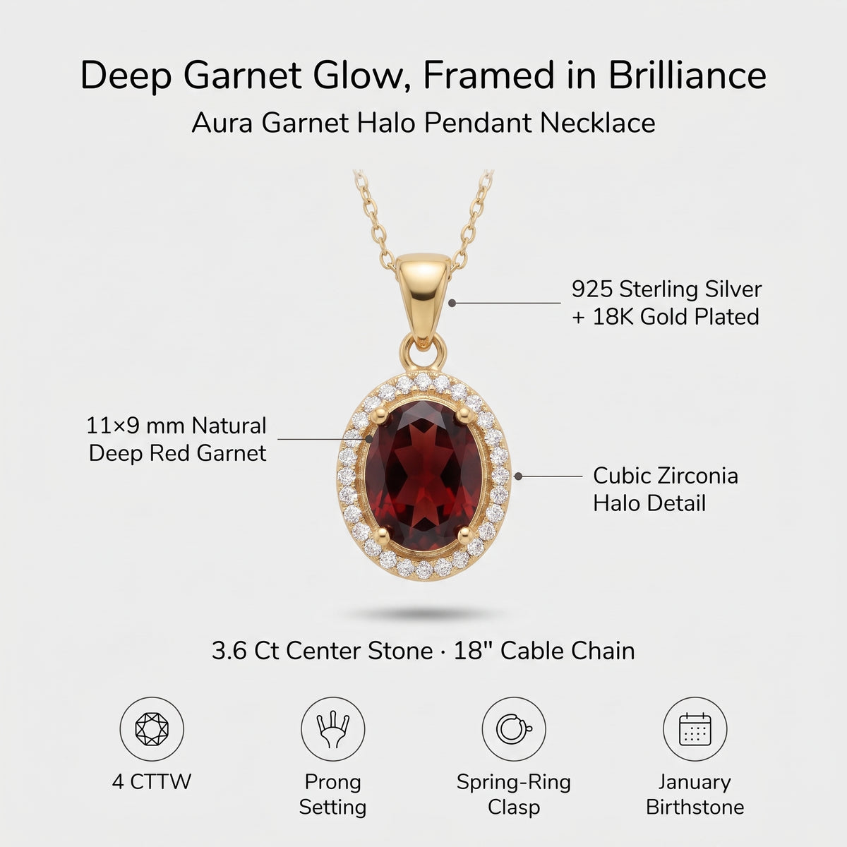 Aura Garnet Halo Pendant Necklace – January Birthstone 18K Gold Plated Silver