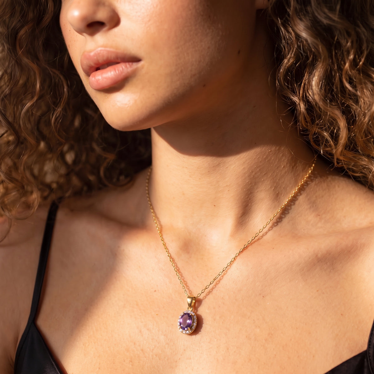 Aura Amethyst Halo Pendant Necklace – February Birthstone 18K Gold Plated Silver