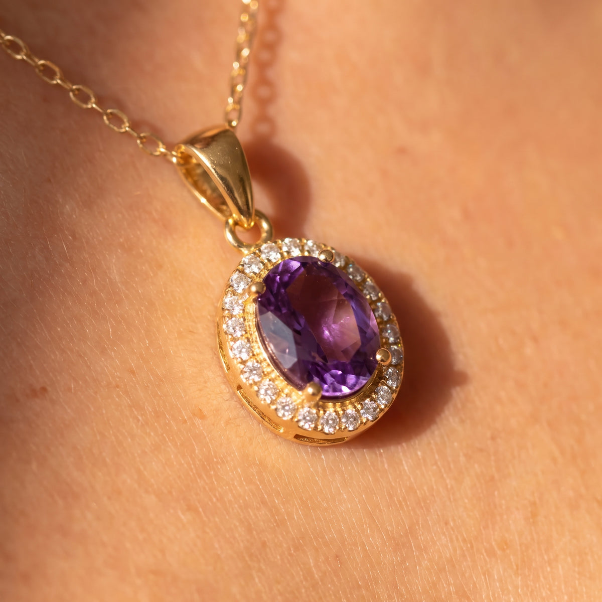 Aura Amethyst Halo Pendant Necklace – February Birthstone 18K Gold Plated Silver