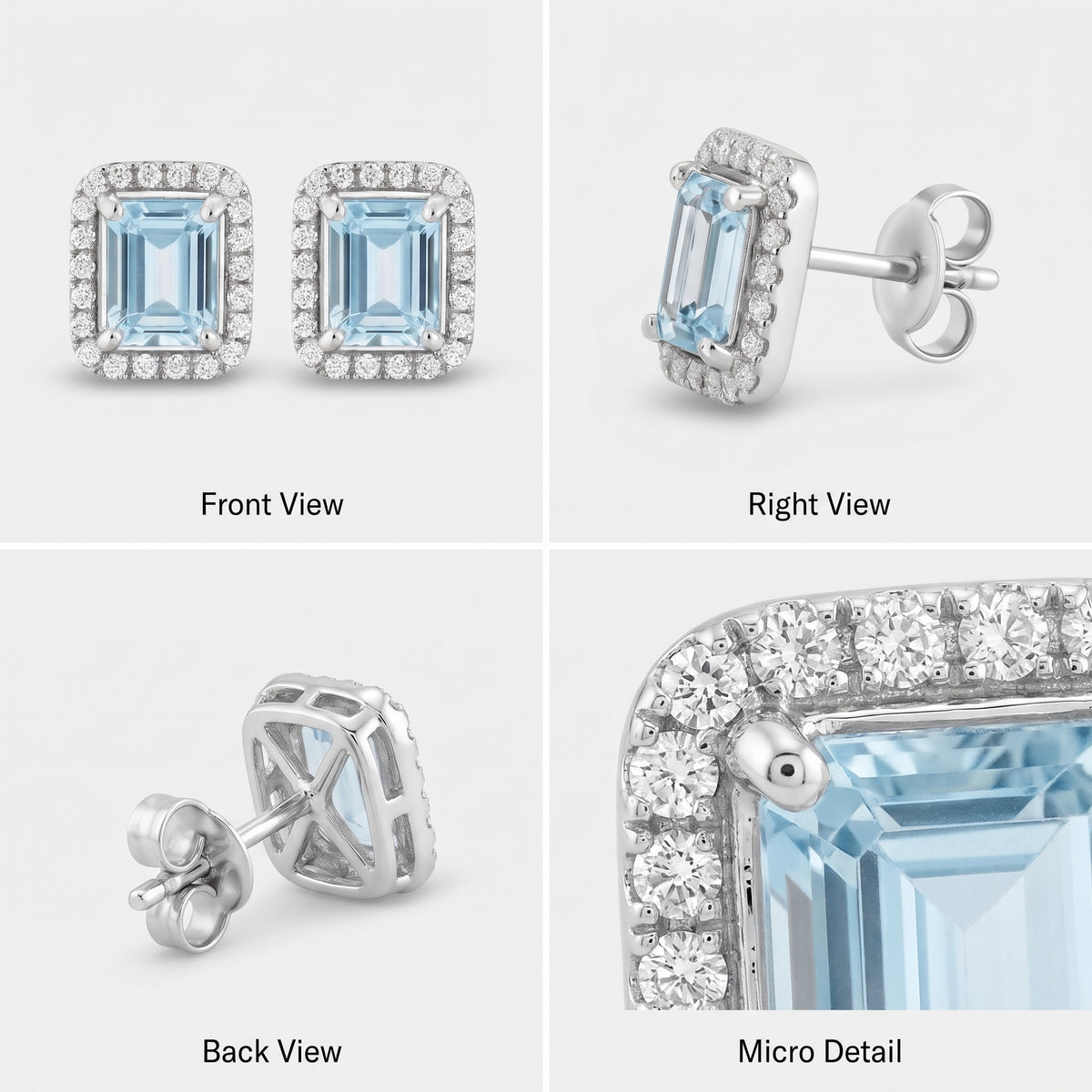Veya Aquamarine Halo Stud Earrings – Emerald Cut March Birthstone 925 Silver
