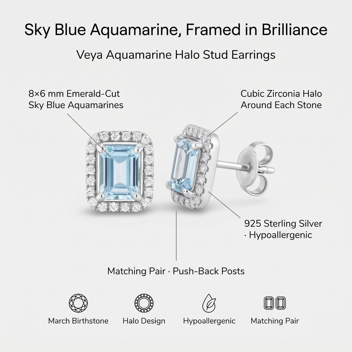 Veya Aquamarine Halo Stud Earrings – Emerald Cut March Birthstone 925 Silver