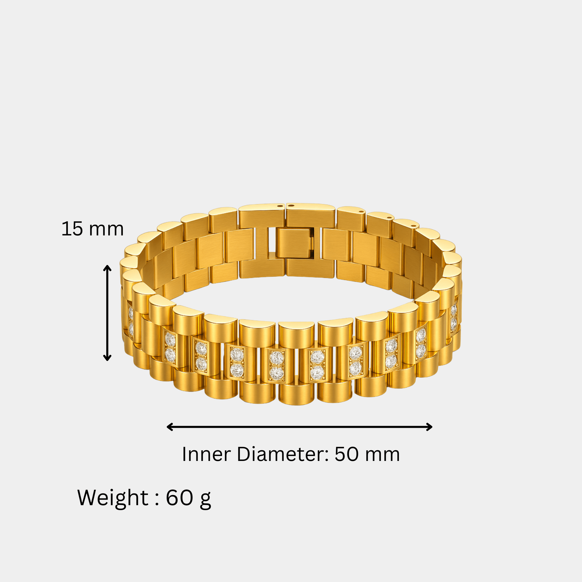 Flat lay of the MH Elegance watch strap inspired chain bracelet, gift-ready unisex waterproof stainless steel link bracelet