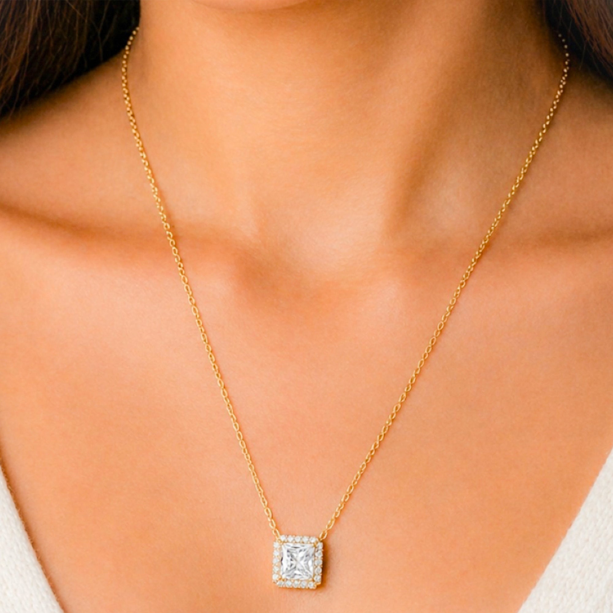 14K Gold Plated Square Halo CZ Necklace | Diamond-Like Sparkle | Engagement Style – MH ELEGANCE - MH ELEGANCE - 14K Gold Plated Square Halo CZ Necklace | Diamond-Like Sparkle | Engagement Style – MH ELEGANCE - Necklace
