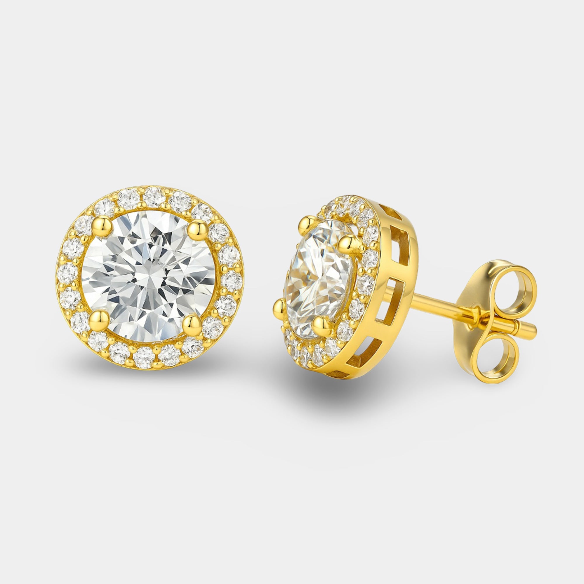 Zircon halo stud earrings worn on the ear for a sparkling everyday look