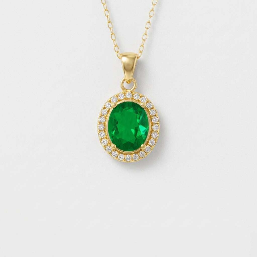 Lyra Nano Emerald Halo Pendant – Oval 11x9mm Gold Plated Silver May Birthstone Necklace