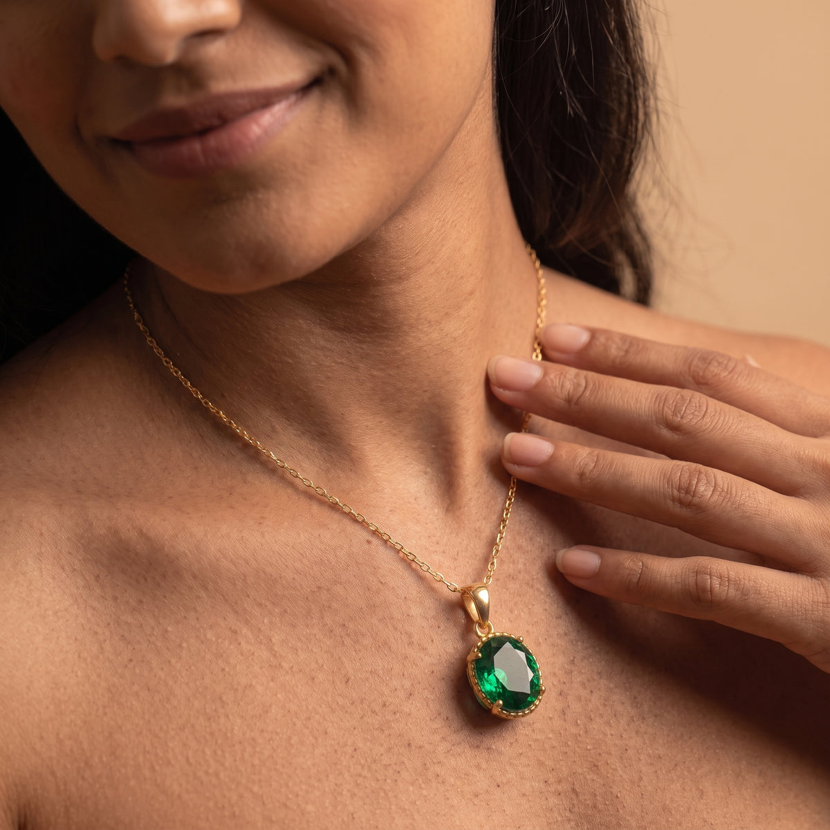 Orla Nano Emerald Solitaire Pendant – Oval 11x9mm Gold Plated Silver May Birthstone