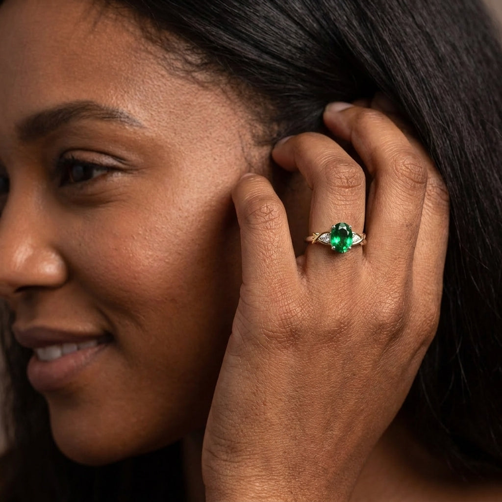 Liora Nano Emerald Crossover Ring – Two-Tone 10K Gold & Silver May Birthstone 3-Stone