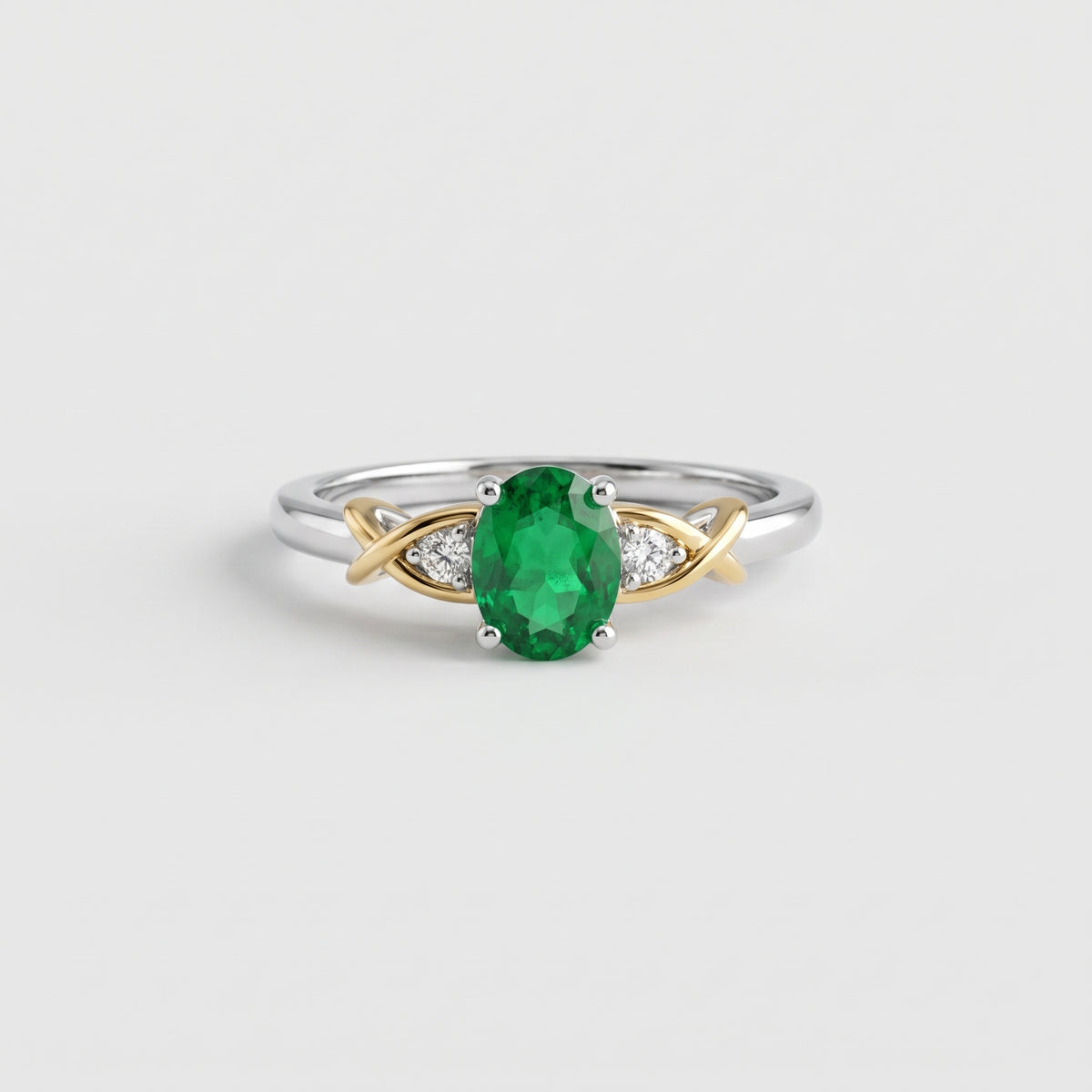 Liora Nano Emerald Crossover Ring – Two-Tone 10K Gold & Silver May Birthstone 3-Stone