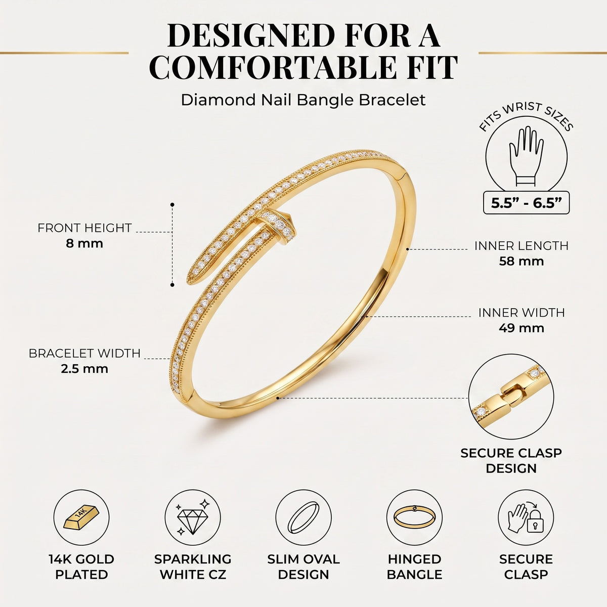Gold diamond nail bangle bracelet with dimension measurements, clasp detail, and feature icons on a light beige background.