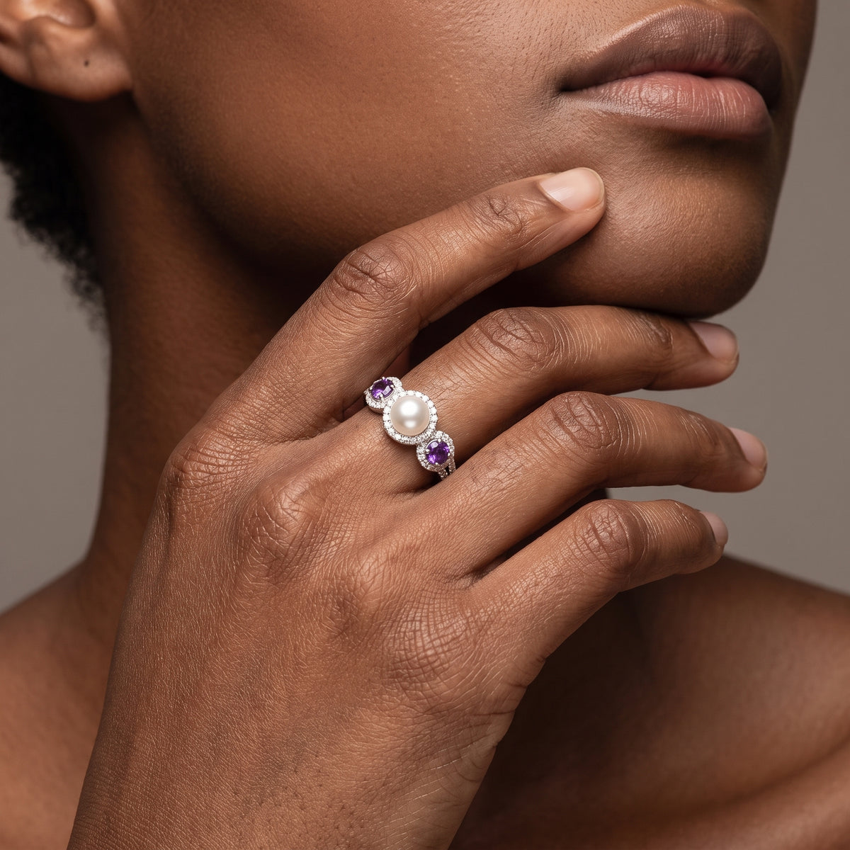 925 Sterling Silver Amethyst & Cultured Freshwater Pearl Halo Ring – February Birthstone