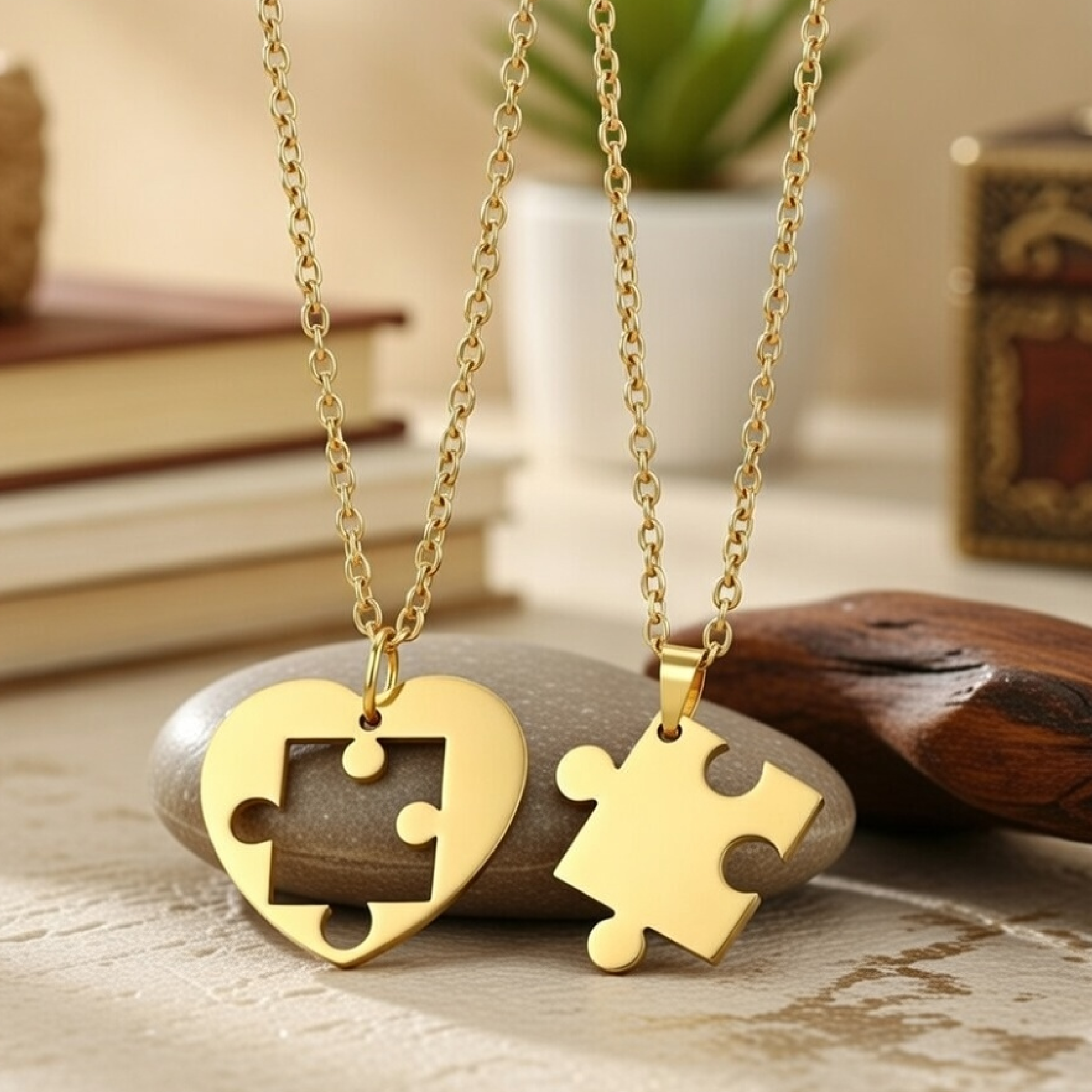 18K Gold Puzzle Piece Couple Necklaces | Matching Heart Pendants Stainless Steel - MH ELEGANCE - Matching 18K gold puzzle couple pendant necklace set displayed in gift packaging - Necklace