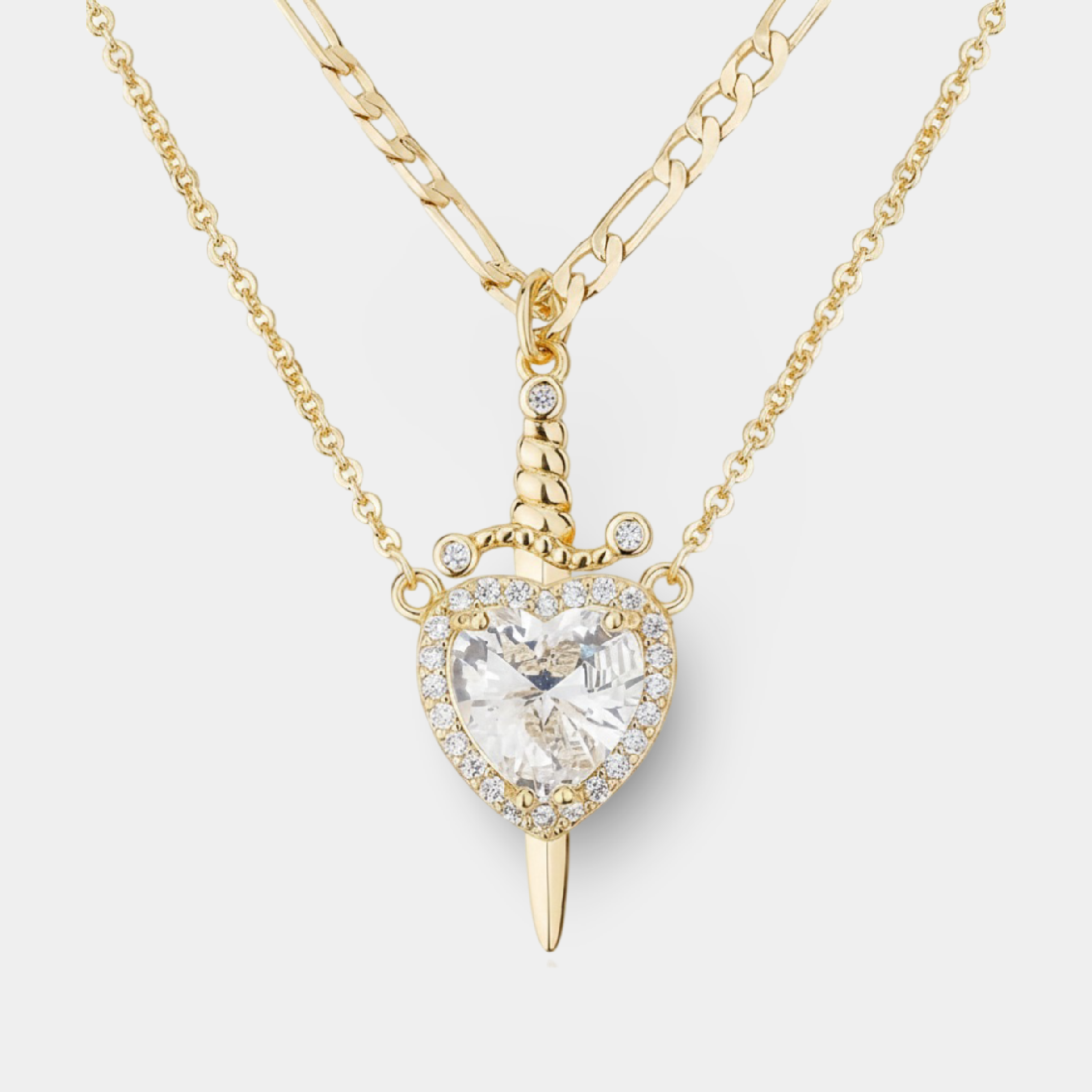 14K Gold Heart & Sword Couple Necklace Set