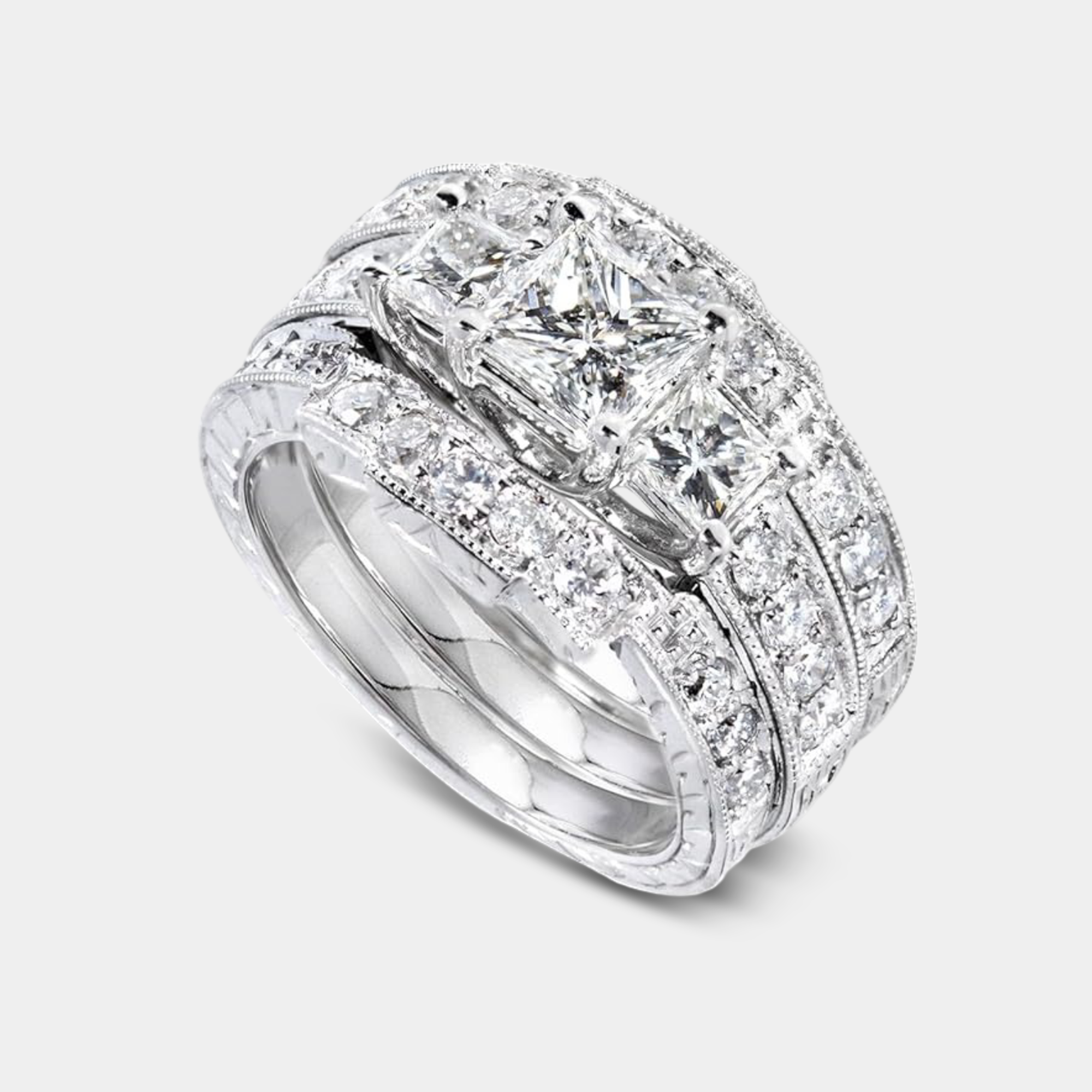 Juego de anillos de boda de princesa con diamantes