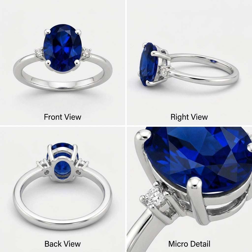 A four-panel product collage showing a silver-tone ring from multiple angles on a light gray background. The ring features a large oval deep blue gemstone with small clear accent stones on the band.