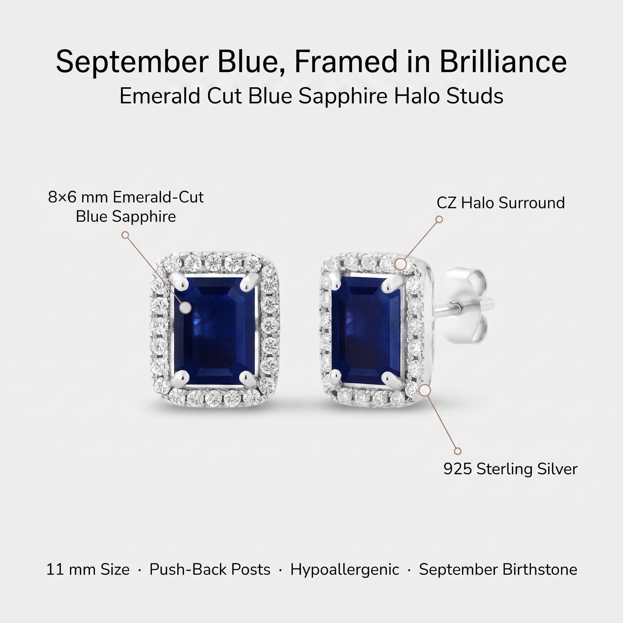 A pair of stud earrings shown on a light gray background with text callouts. The earrings are emerald-cut blue sapphire halo studs in silver, with one earring facing forward and the other angled to show the post and back.