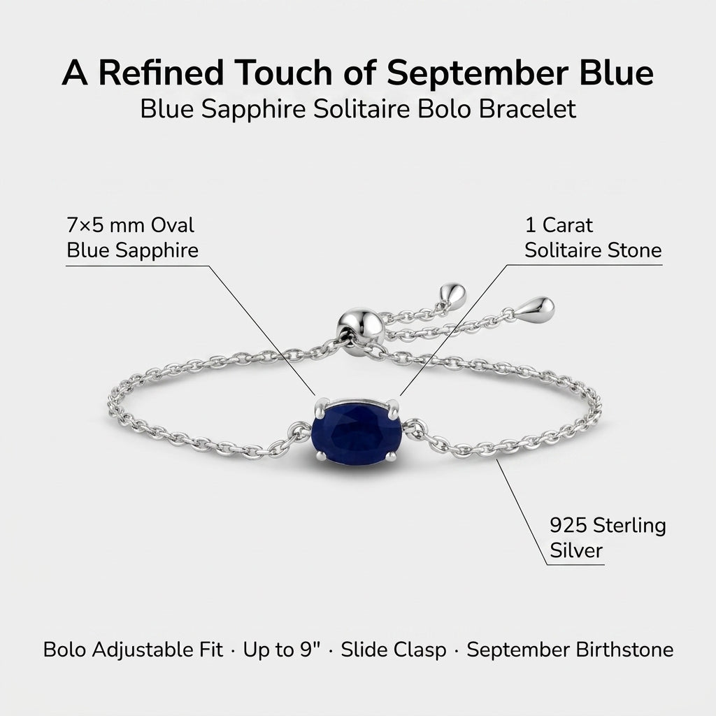 Silver Bolo bracelet with an oval blue sapphire solitaire stone, shown on a light gray background with text labels detailing the 7x5 mm blue sapphire, 1 carat solitaire stone, and 925 sterling silver.