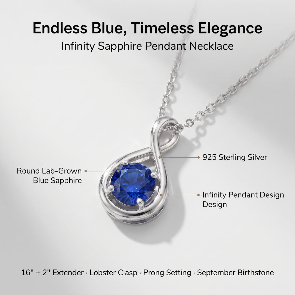 Infinity pendant necklace with a round blue sapphire and sterling silver setting, shown on a light gray background with text callouts describing the product features.