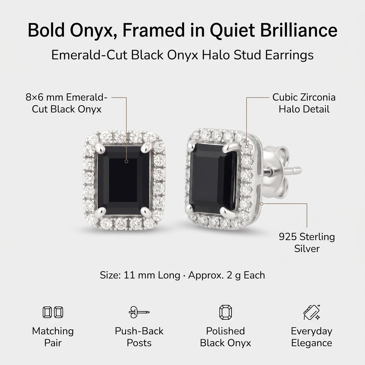 Clous d'oreilles halo en onyx taille émeraude