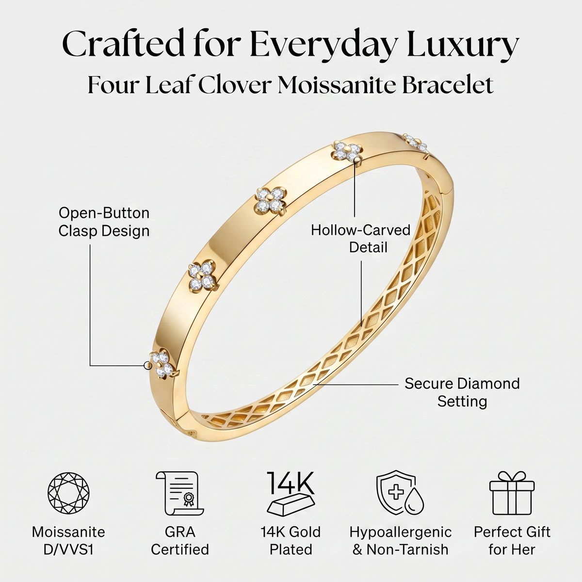 Gold Plated Four Leaf Clover Bangle Bracelet with Moissanite | Lucky Gift for Her