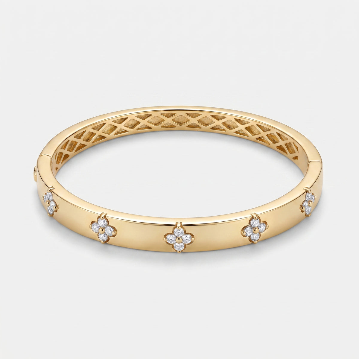Gold Plated Four Leaf Clover Bangle Bracelet with Moissanite | Lucky Gift for Her
