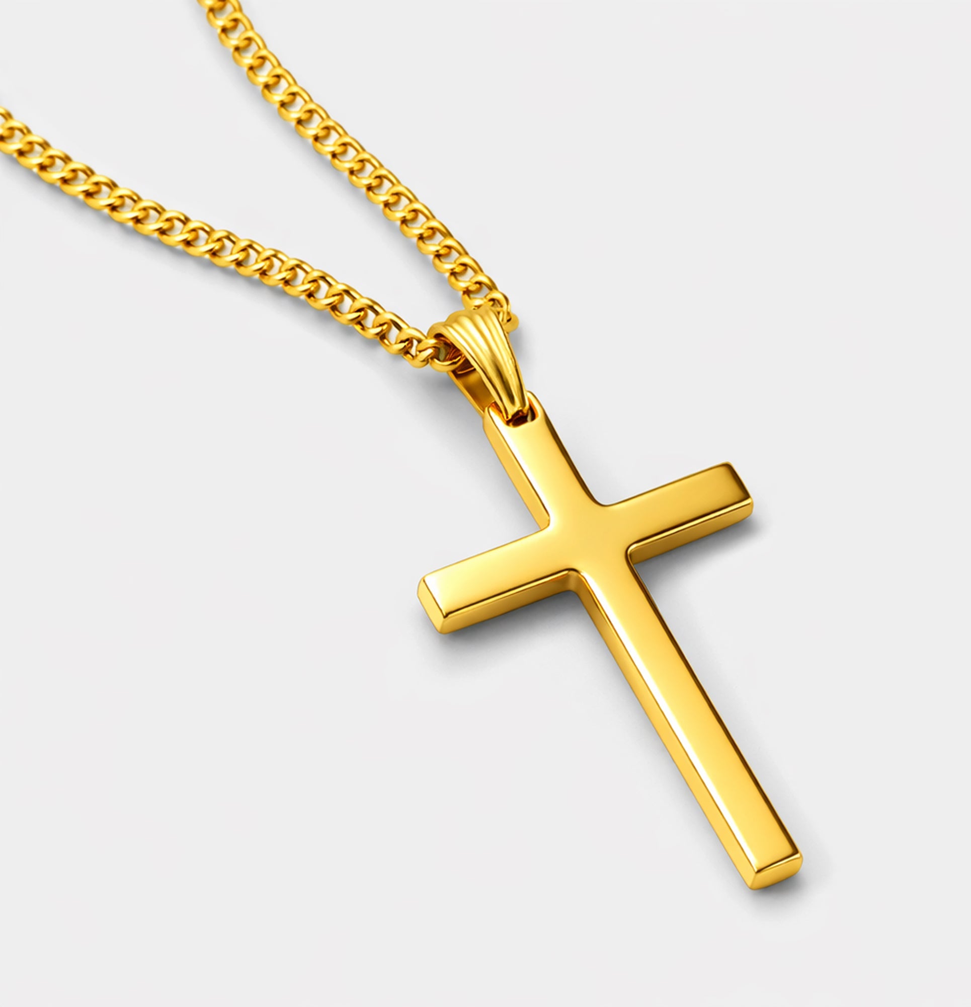 24K gold plated stainless steel cross necklace for men, angled view by MH Elegance