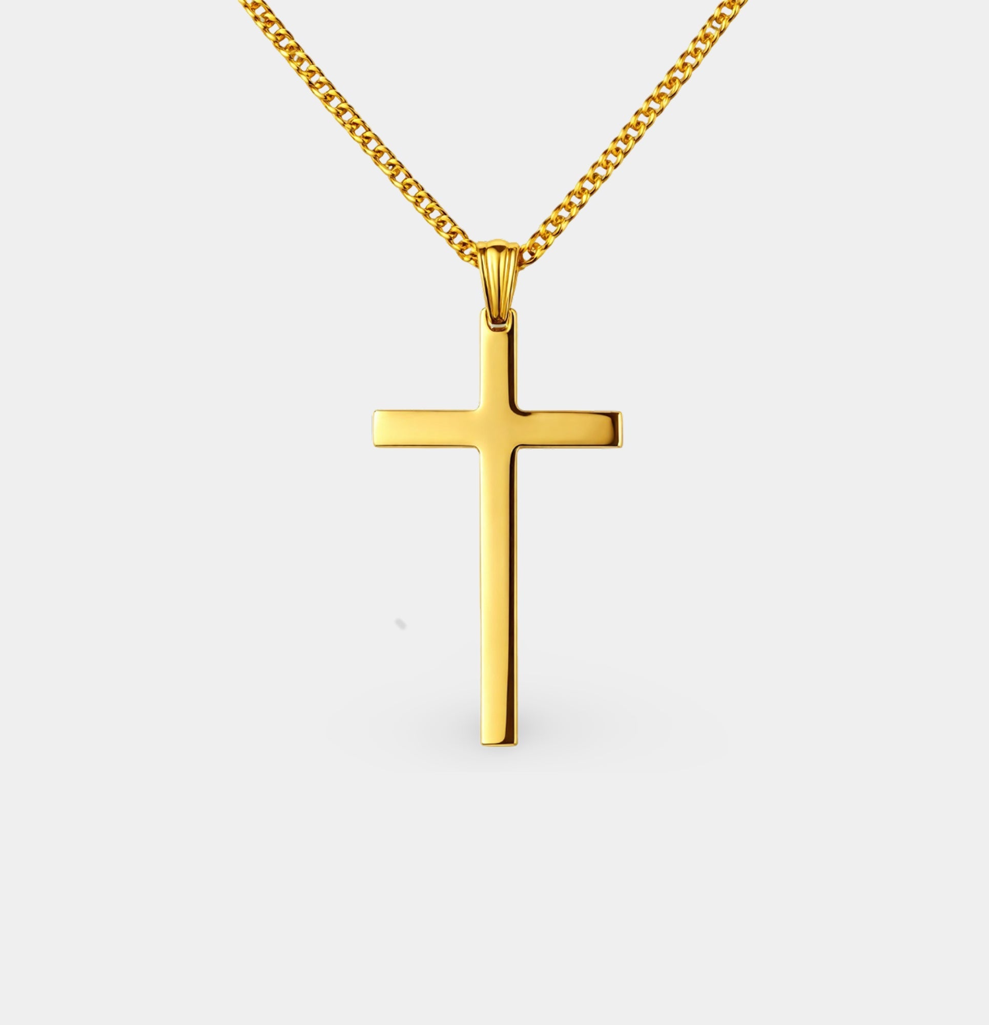 24K gold cross necklace for men on a diamond-cut Cuban chain by MH Elegance, full necklace laid flat