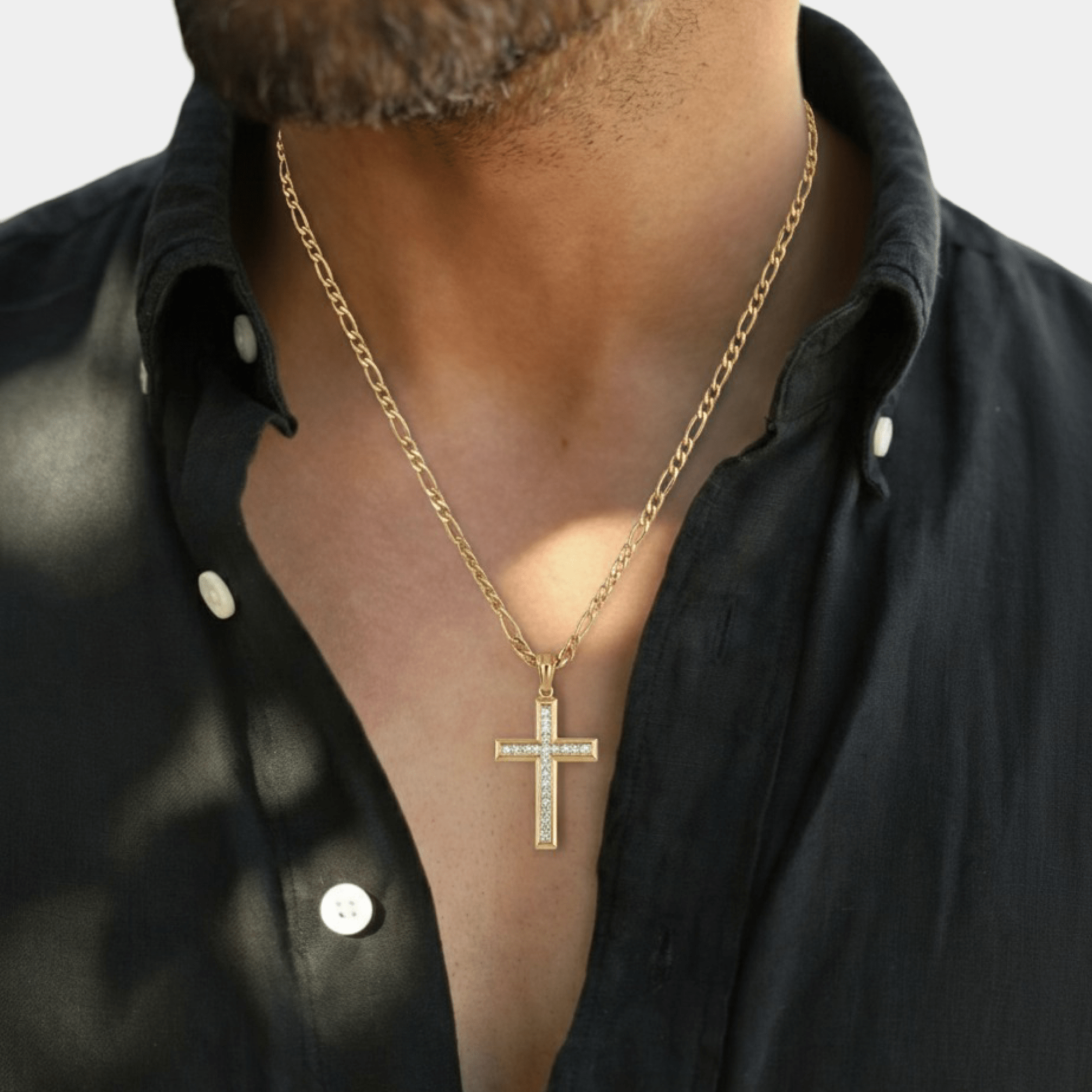 24 inch gold Figaro chain shown with the men's faith cross pendant