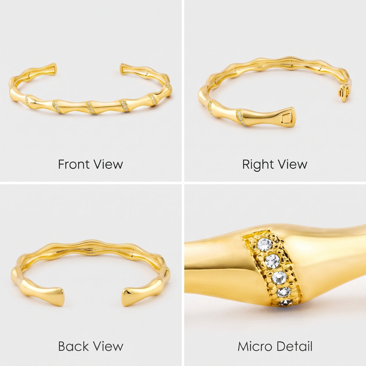 A four-panel product collage showing a gold-toned bamboo-style open cuff bracelet from multiple angles: Front View, Right View, Back View, and Micro Detail. The bracelet has a polished wavy bamboo look with small clear stones set along the front-facing panels.