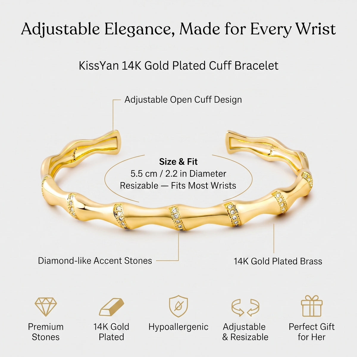 A gold-plated adjustable cuff bracelet with a wavy bamboo-inspired design and small diamond-like accents, shown on a light gray background with explanatory text and feature icons.