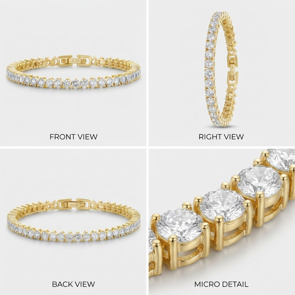 A four-panel product collage showing a gold tennis bracelet from multiple angles: front view, right view, back view, and a close-up micro detail of the clear stones. The bracelet is displayed on a light gray background with text labels.