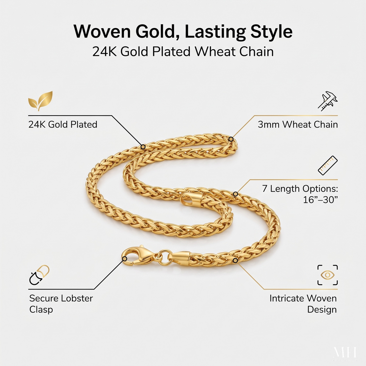 24K Gold Plated Weave Chain Necklace for Men | 3mm Wheat Chain – MH Elegance