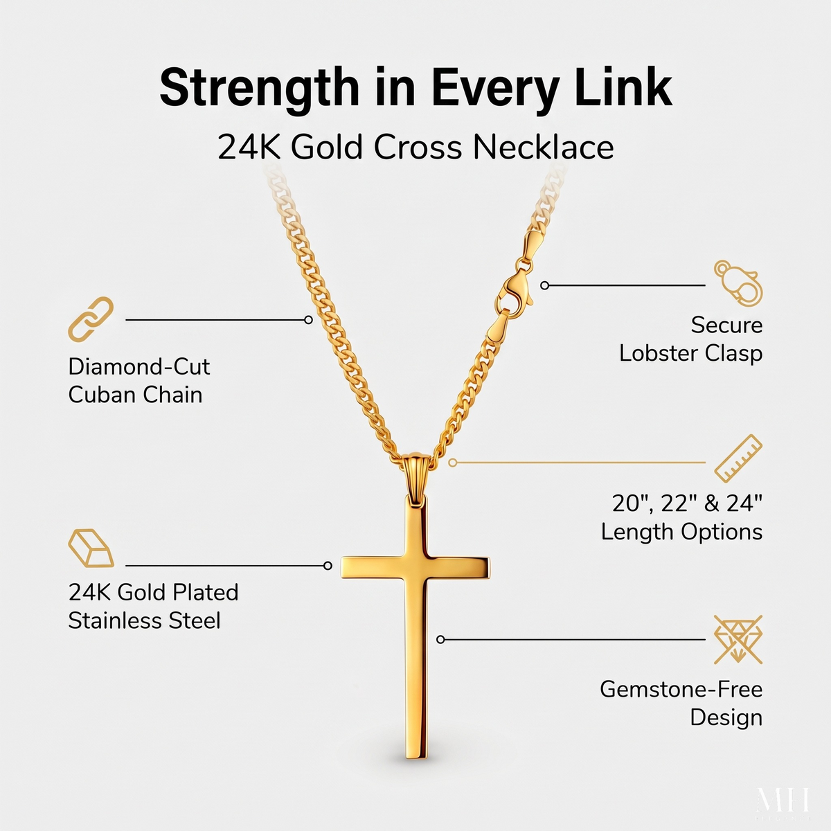 Collar con cruz de oro de 24 quilates con cadena cubana tallada con diamante | Colgante religioso para hombre | Joyería de oro premium – MH ELEGANCE