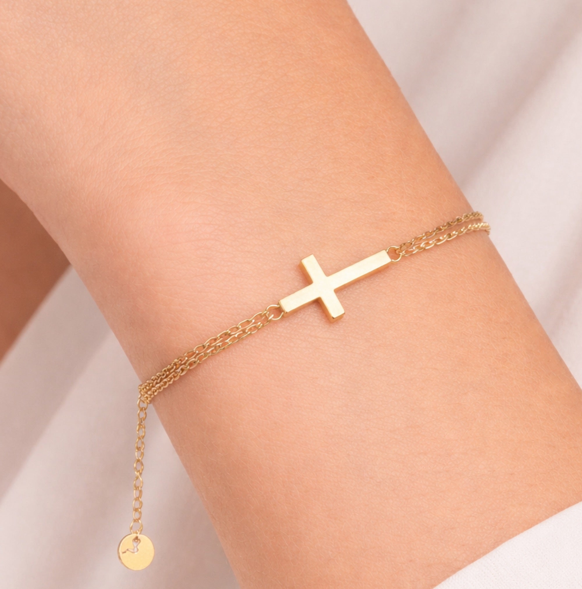 14K Gold Sideways Sacred Grace Cross Bracelet