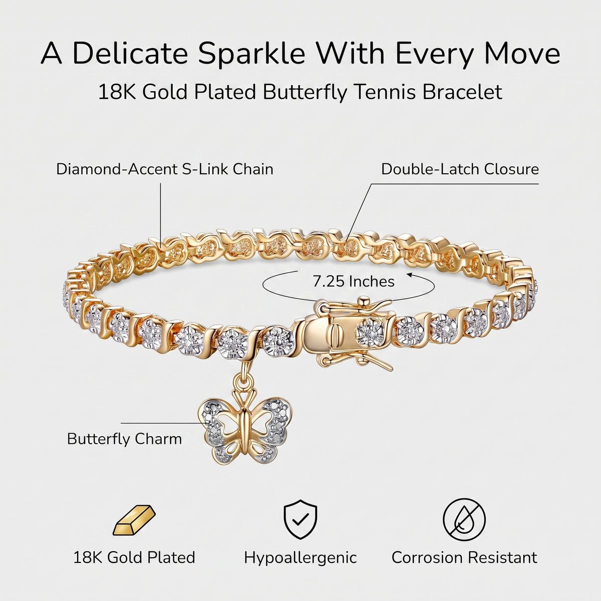 A gold-plated tennis bracelet with clear stones and a butterfly charm, shown on a light gray background with text labels and feature icons. The image includes text such as 'A Delicate Sparkle With Every Move', '18K Gold Plated Butterfly Tennis Bracelet', and callouts for the diamond-accent S-link chain, double-latch closure, and butterfly charm.