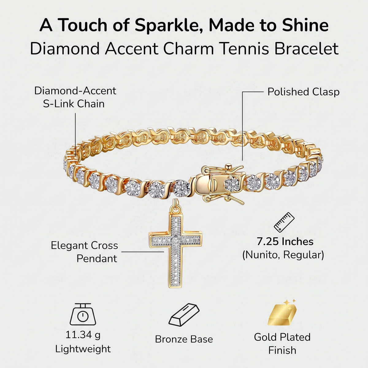 A gold tennis bracelet with clear diamond accents and a cross pendant, shown on a light gray background with text labels and feature icons. The image reads: 'A Touch of Sparkle, Made to Shine' and 'Diamond Accent Charm Tennis Bracelet.