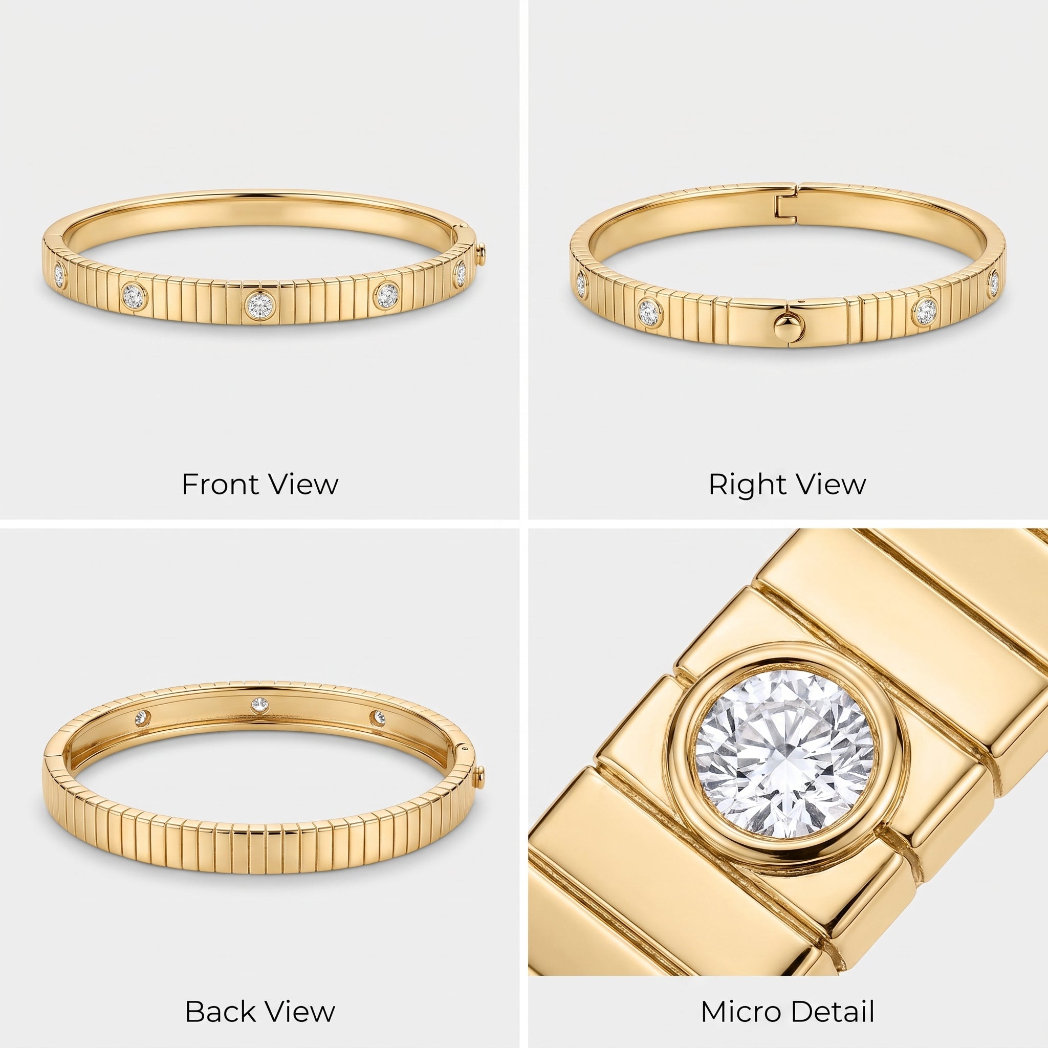 Four-view chart of the gold plated ribbed bangle bracelet showing front, right side with push button clasp, back, and a macro close-up of a bezel-set cubic zirconia stone
