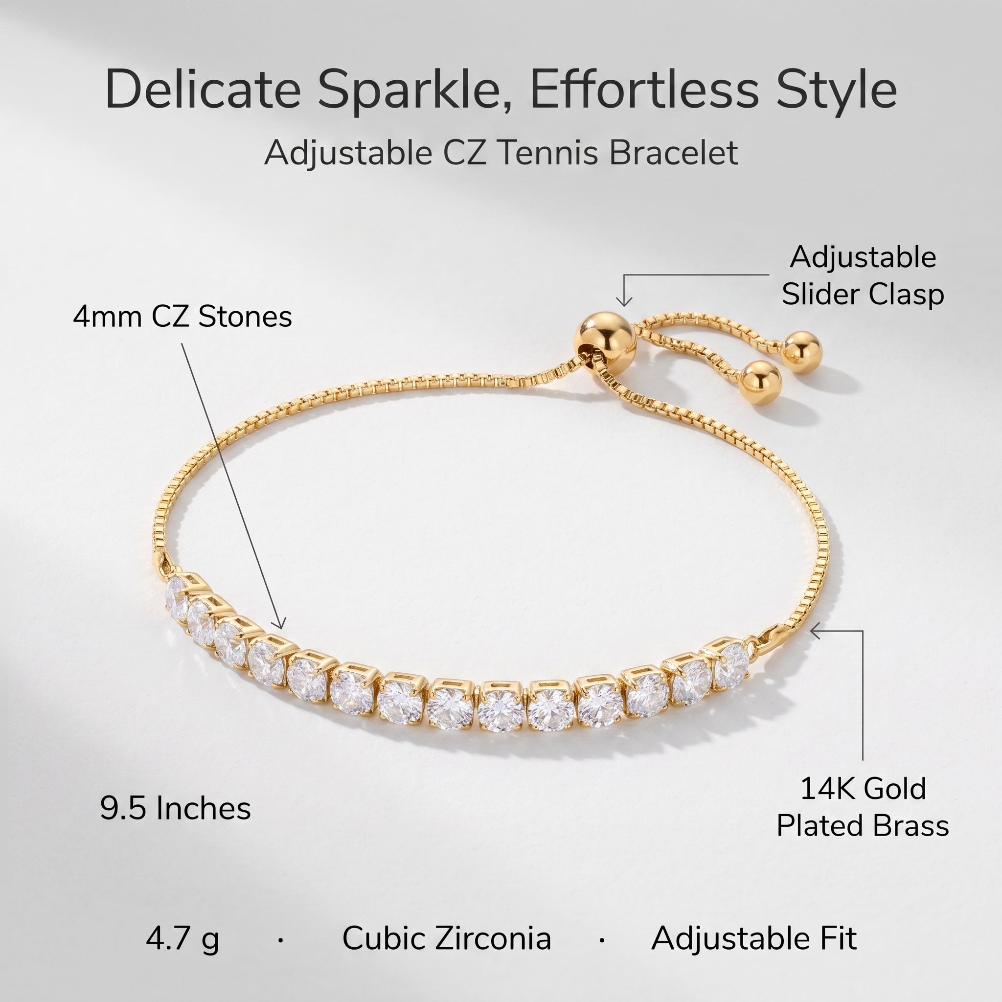 Labeled diagram of the adjustable cubic zirconia tennis bracelet showing 4mm CZ stones, adjustable slider clasp, 9.5 inch length, 4.7 grams, and 14K gold plated brass