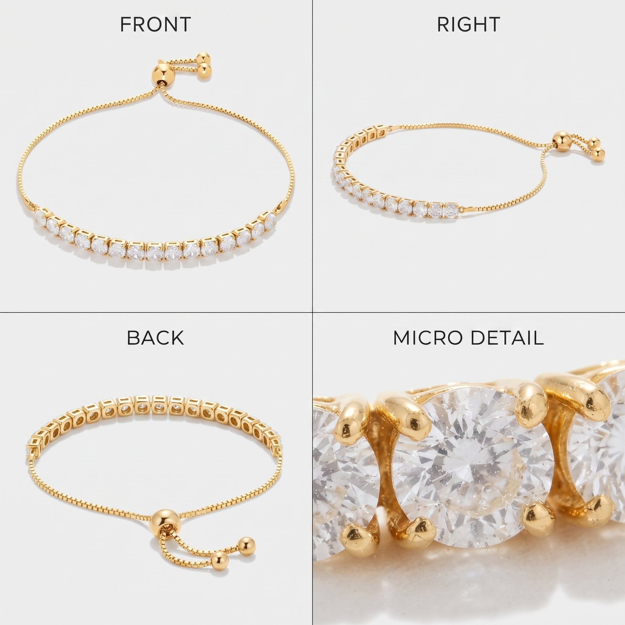 Four-view chart of the adjustable CZ tennis bracelet showing front, right, back, and a macro close-up of the four-prong stone setting