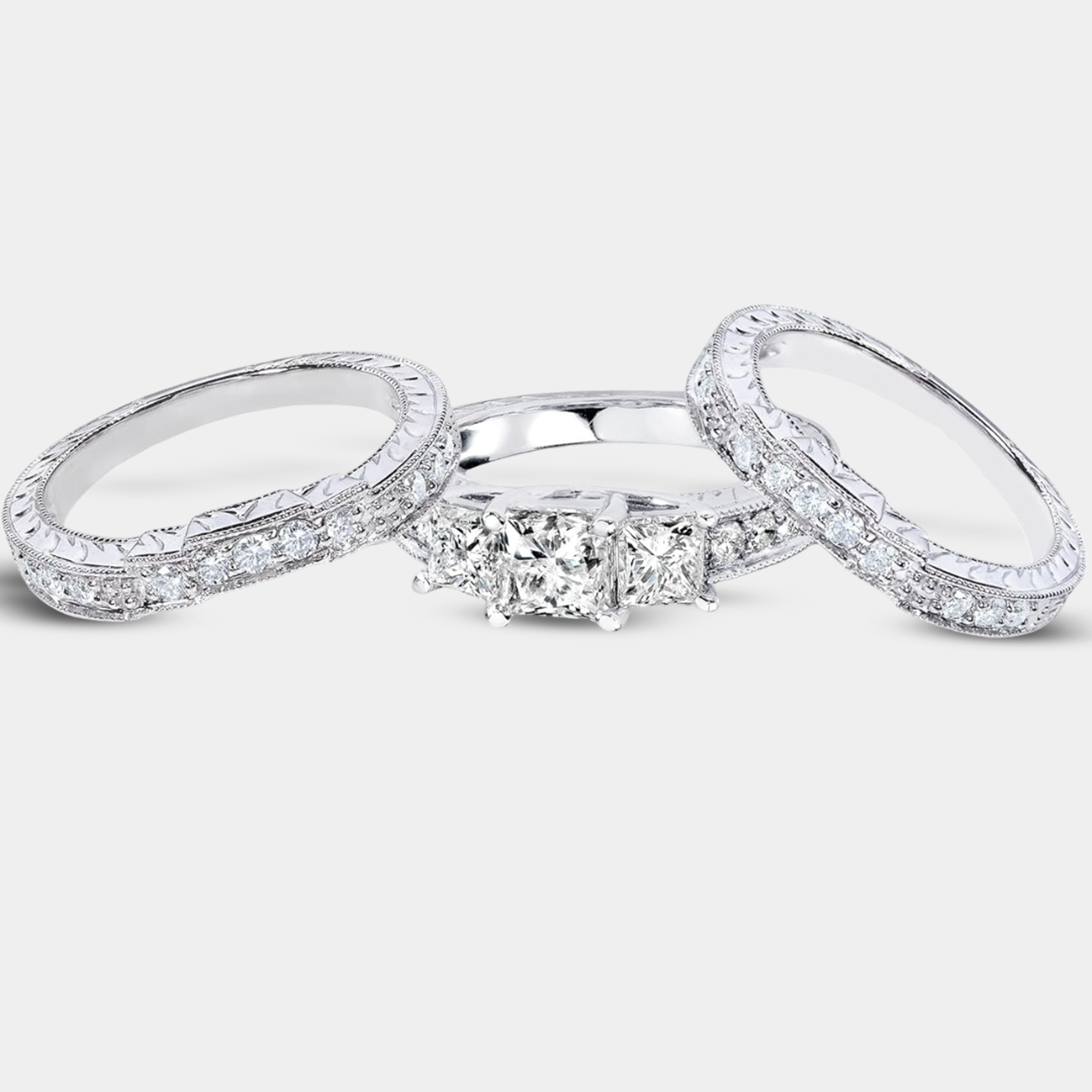Juego de anillos de boda de princesa con diamantes