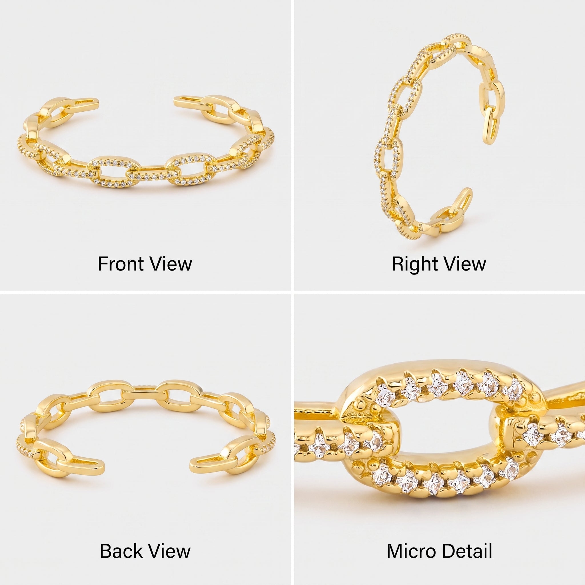 Front, side, back and close-up views of the open chain link cuff bracelet