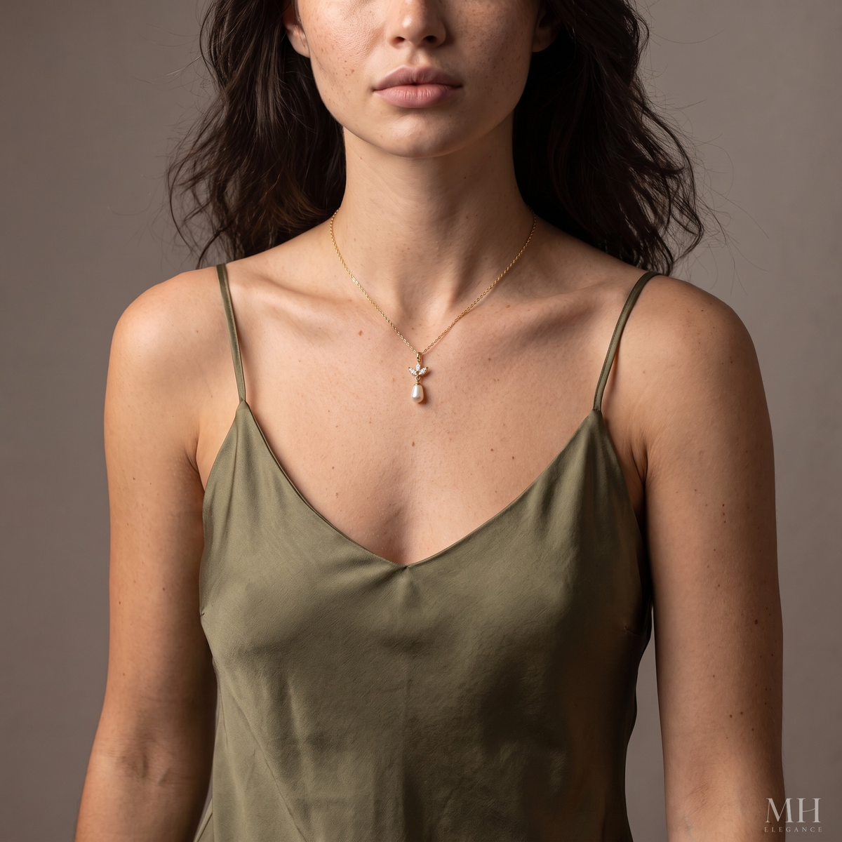 Leaf and Pearl Pendant Necklace | 14K Gold Plated Marquise CZ & Pearl – MH Elegance