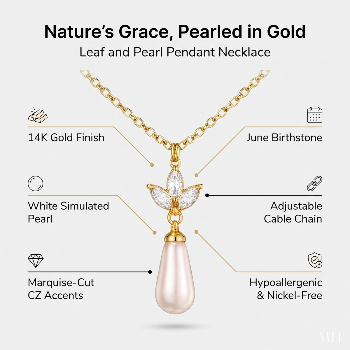 Leaf and Pearl Pendant Necklace | 14K Gold Plated Marquise CZ & Pearl – MH Elegance