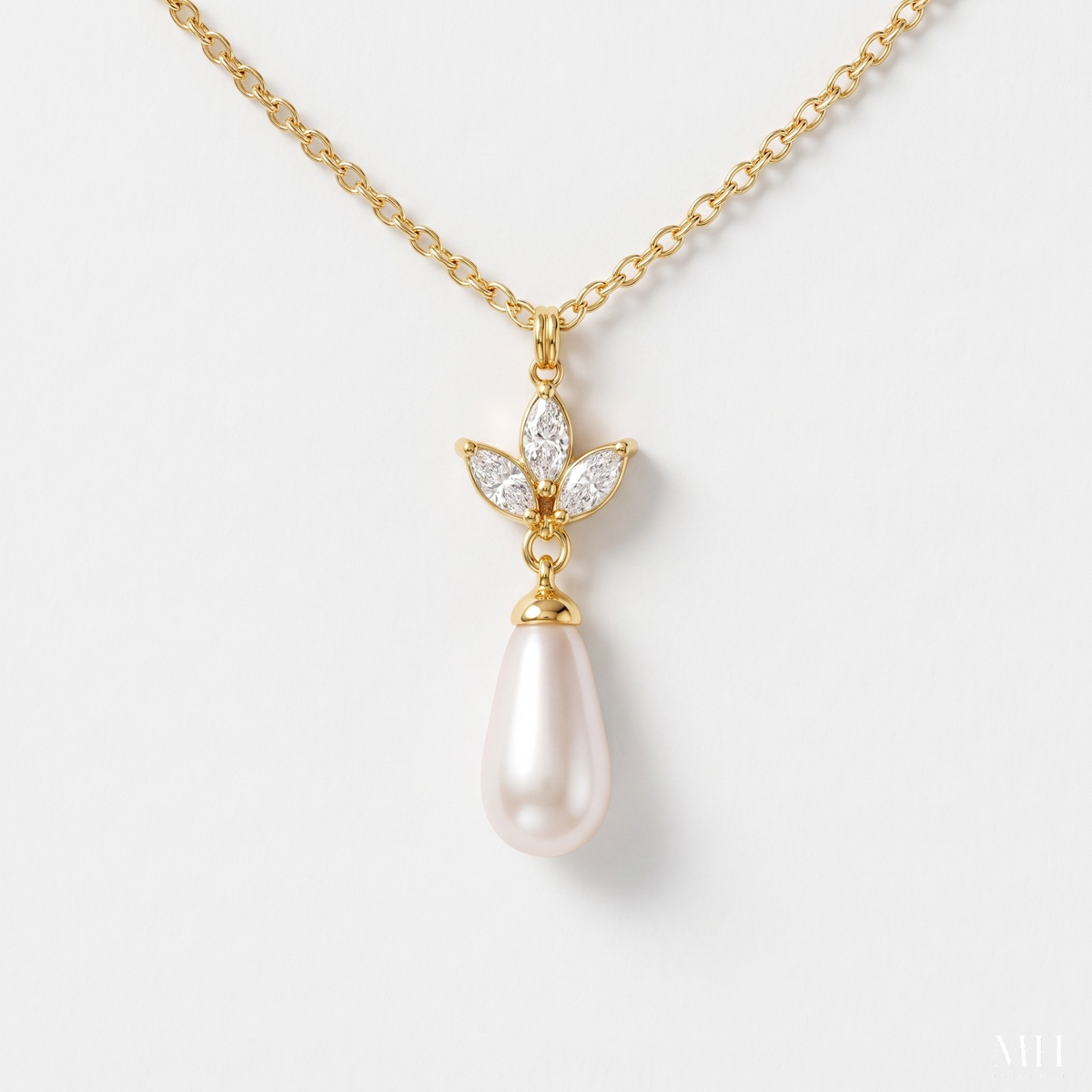 Leaf and Pearl Pendant Necklace | 14K Gold Plated Marquise CZ & Pearl – MH Elegance