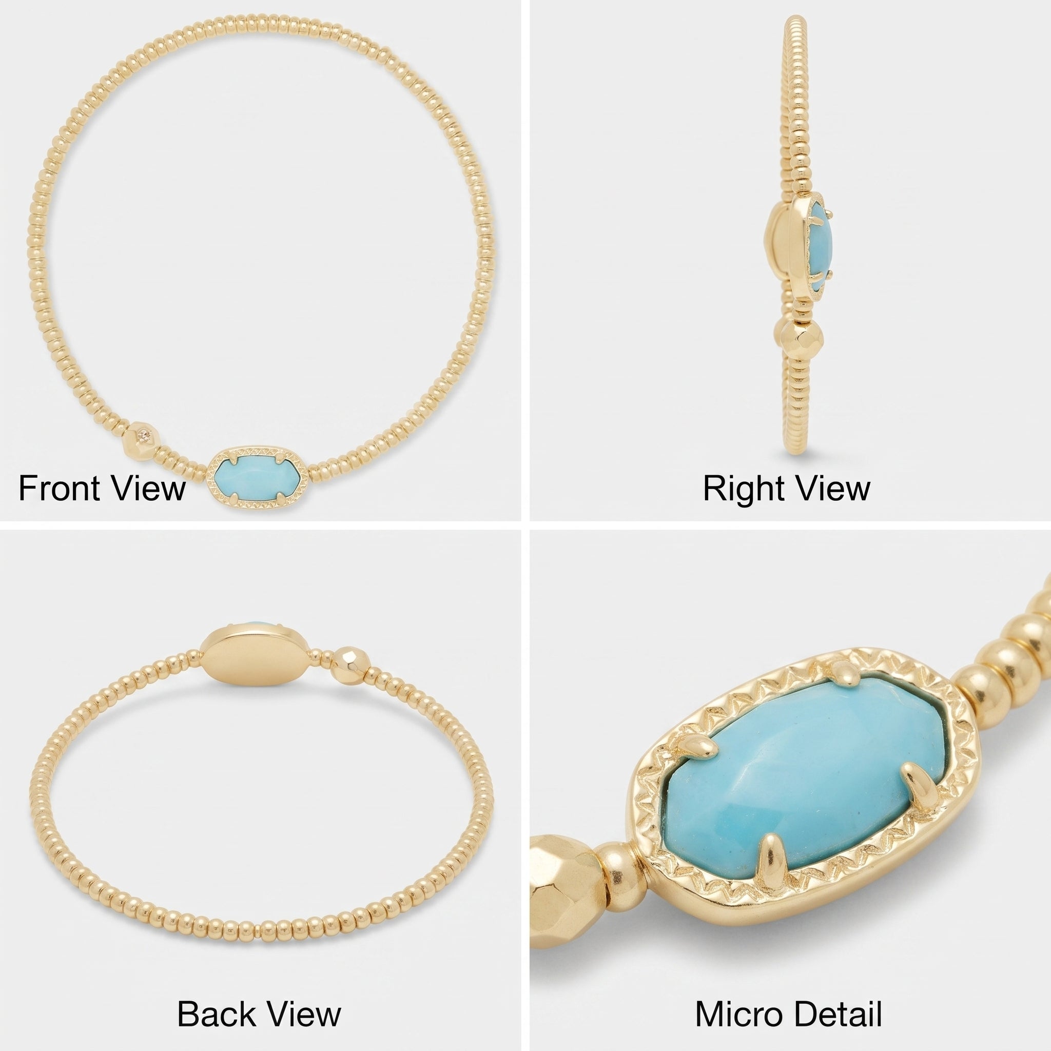 Front, side, back and close-up views of the magnesite stretch bracelet