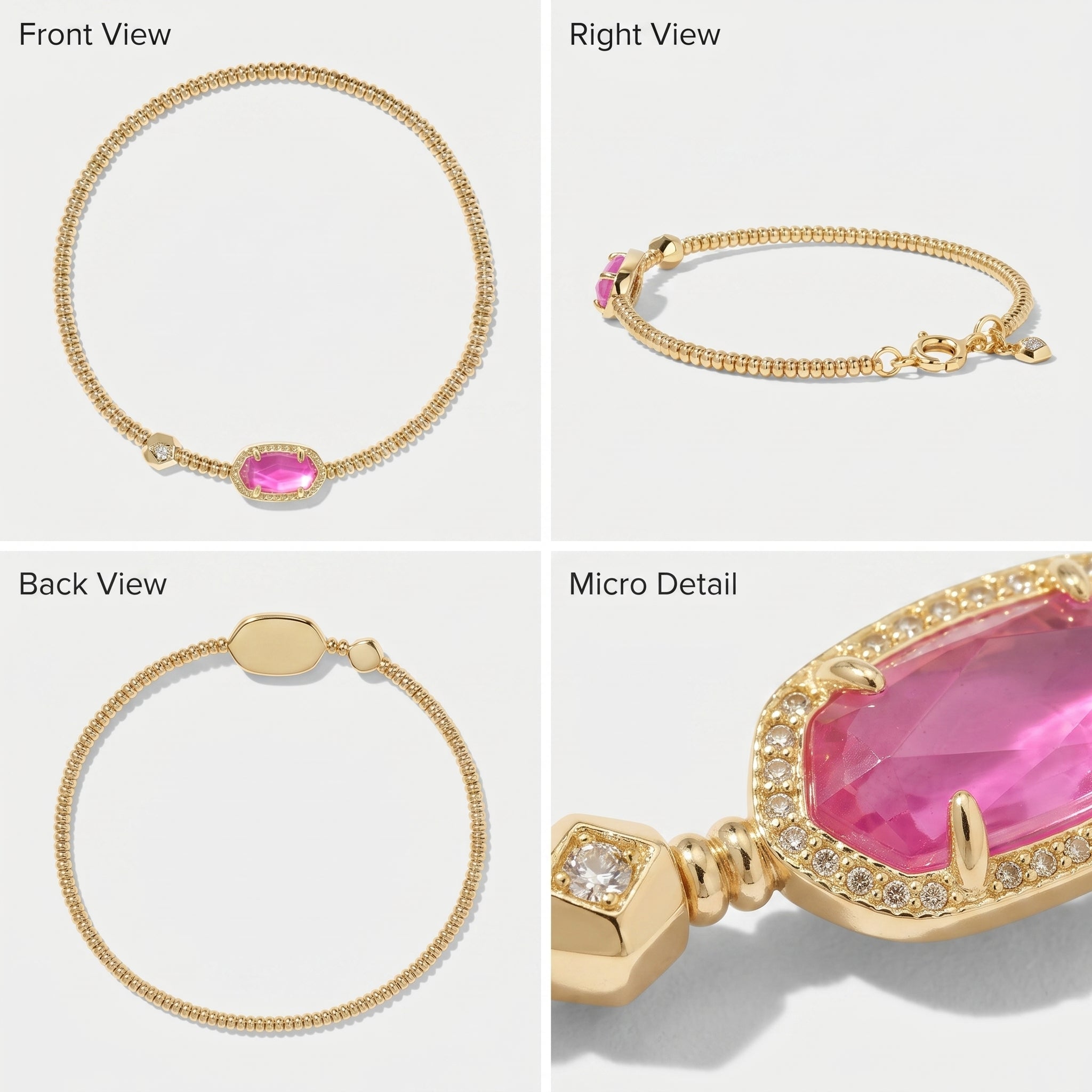Front, side, back and close-up views of the pink crystal stretch bracelet